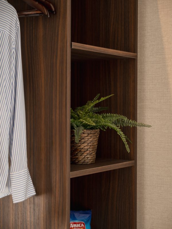 A wooden wardrobe with shelves, holding a striped shirt, a fern in a basket, and a bag of chips.