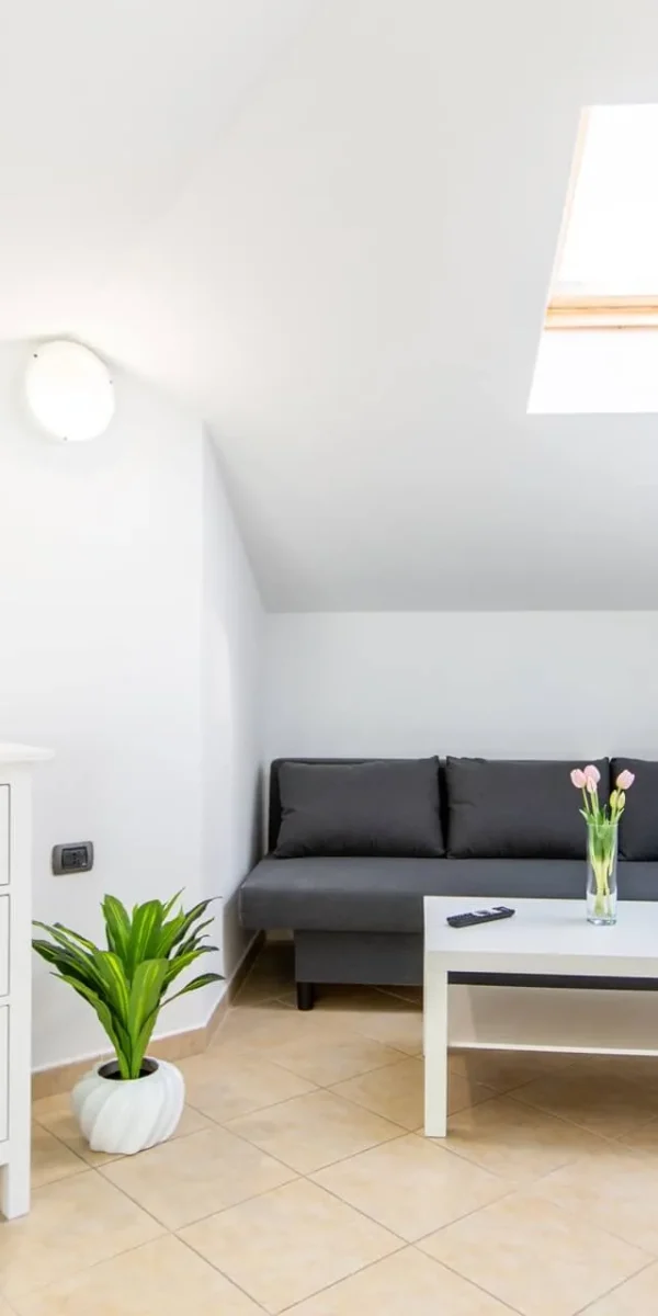 Soggiorno moderno e luminoso con divano, cassettiera, televisore e finestra sul soffitto.