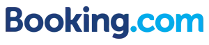 Logo di Booking.com con testo in blu sfumato su sfondo trasparente.