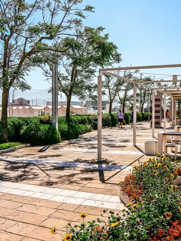 Viale alberato con pergolato e tavolini all'aperto su una strada lastricata.