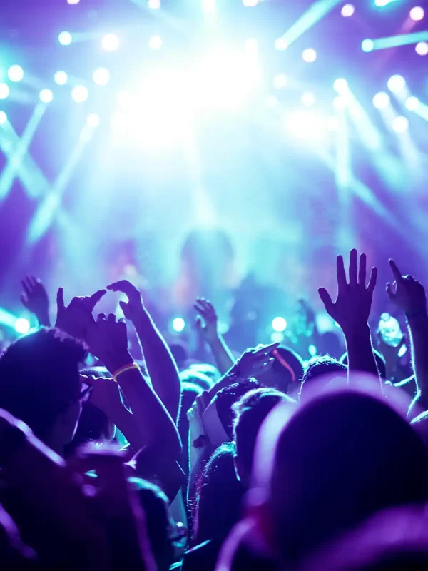 Folla entusiasta che partecipa a un concerto con luci colorate sul palco.